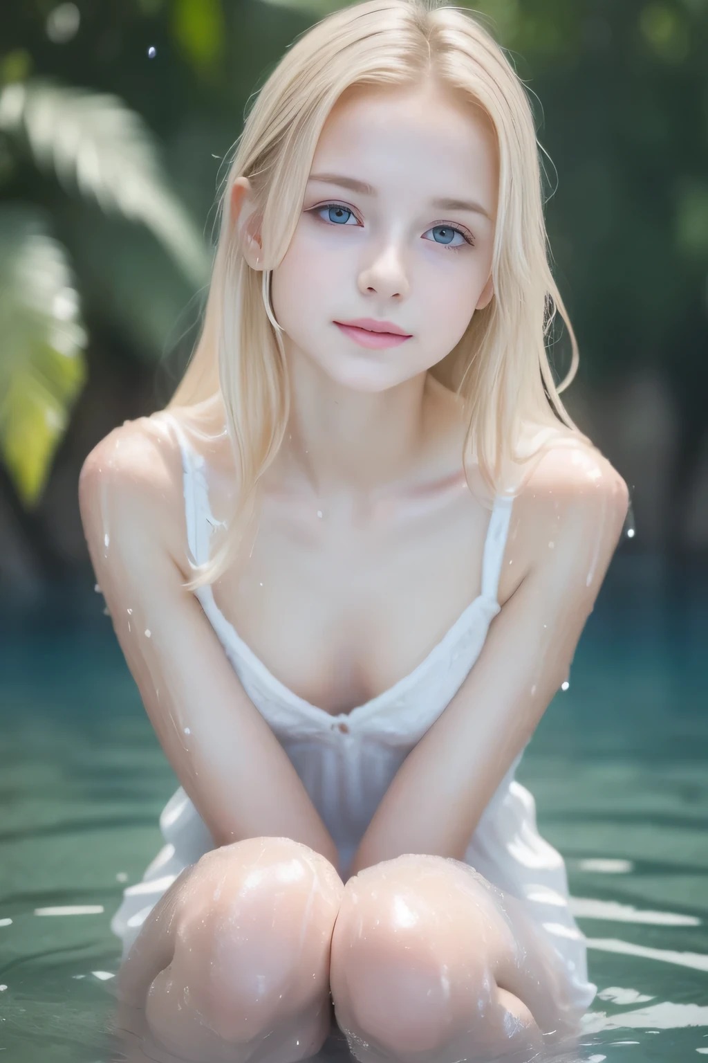 (((Small and ish、Baby-faced and cute)))、((A wet white dress with a wide chest ))、(( Bright Blonde Hair 、Young and Tight Breasts 、Thick legs、Soft Skin、Rounded body shape、Extend your knees, lean forward, and look up))、( high definition 、Lifelike image quality、Realistic, detailed skin texture、 anatomically correct human body structure)、( The center of the clear blue lake 、 wet and shiny skin )、(From knees to face)