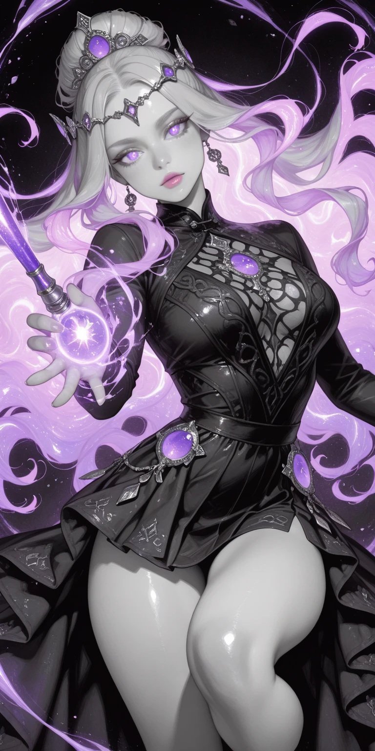 Anime style drawing of Merlina Addams with braids full body zoomed out with a scythe, with a purple aura and a portal behind her