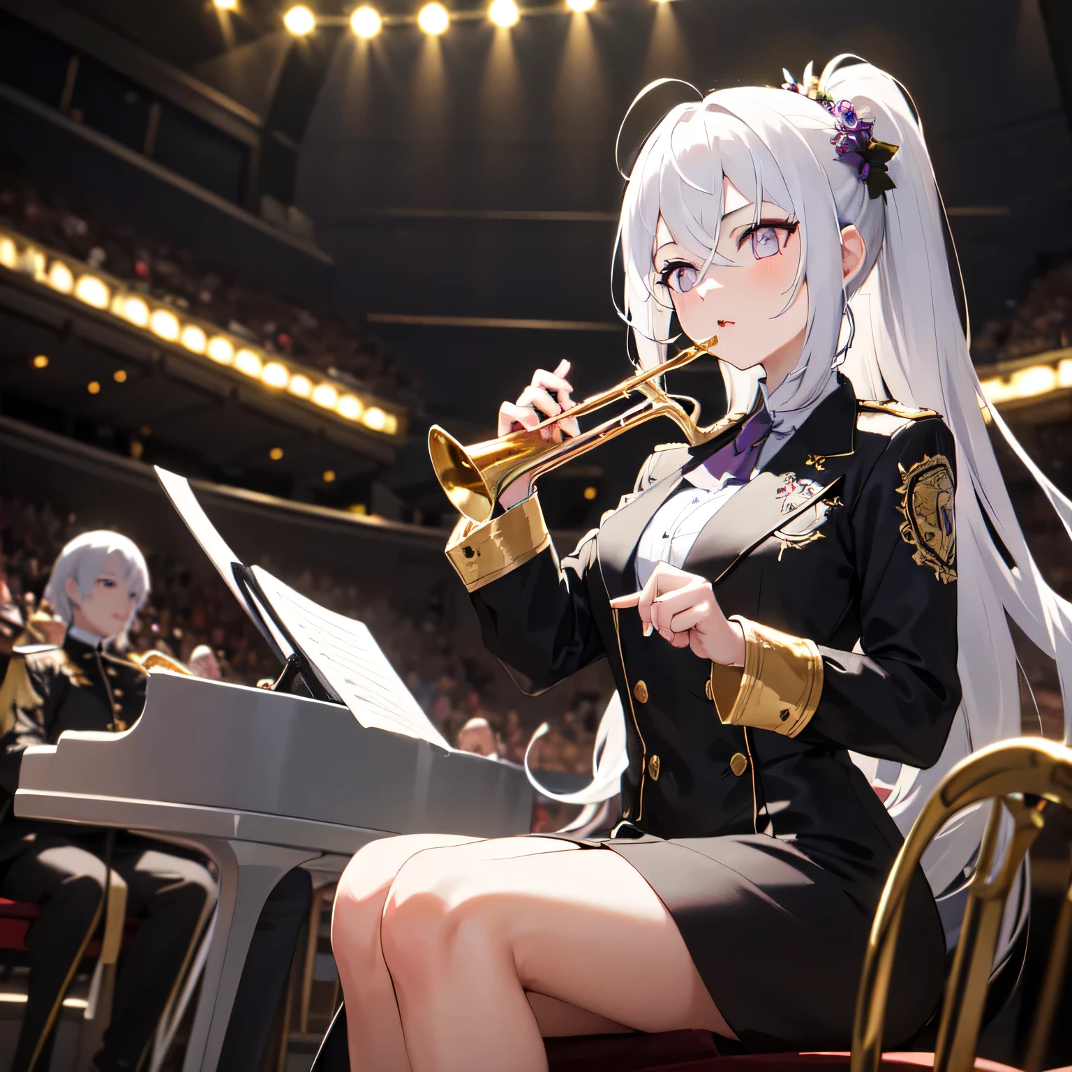 Depict a 20-year-old, dazzlingly beautiful woman playing a brass instrument in a grand concert hall. She wears an elegant yet practical band uniform, designed with intricate gold embroidery. Her posture is poised, fingers positioned with precision, her eyes focused as she plays passionately. The warm stage lighting highlights the shine of her instrument, creating a visually striking contrast between her and the surrounding orchestra. White hair, long hair, purple eyes.