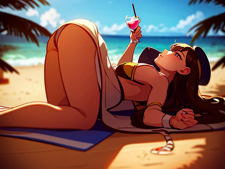 (Highest quality:1.5, High resolution, uhd, 4K, Detailed lighting, Shaders)Lunamaria Hawke 1 Girl, , short hair, Ahoge Pink hair ((Black Bikini))++ Beautiful beach