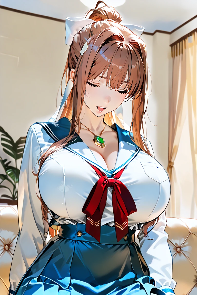 (coin:1.3), pendulum, empty eyes, best quality,4k,8k,highres,(masterpiece:1.2),ultra-detailed,1girl, solo, sakura bakushin o \(umamusme\), horse ears, horse girl, purple eyes, high ponytail, parted bangs, ferehead, headband, woman, sexy, detailed, dazed expression, thick thighs, teacher, blazer, mature bra, ((cleavage)), (bra slipping), ponytail, (brown hair), school board background, large breasts, lips, solo,