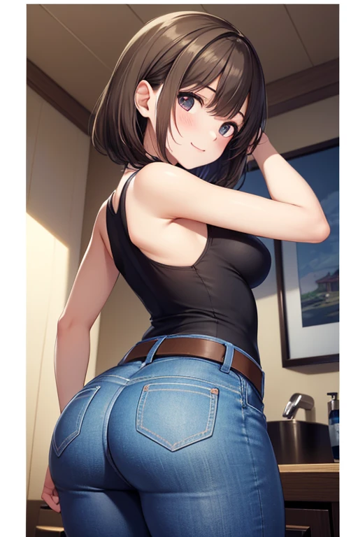 masterpiece, best quality, high definition images, atmospheric perspective, expressive eyes, perfect face, ultra detailed, solo, 1mature seductive woman leaning forward, sticking butt, bending over, back view, alluring pose, black short hair, boyish look, T-shirt, skinny denim pants, large butt, hip line, panties line, curvy, thighs, calm smile, from directly below,