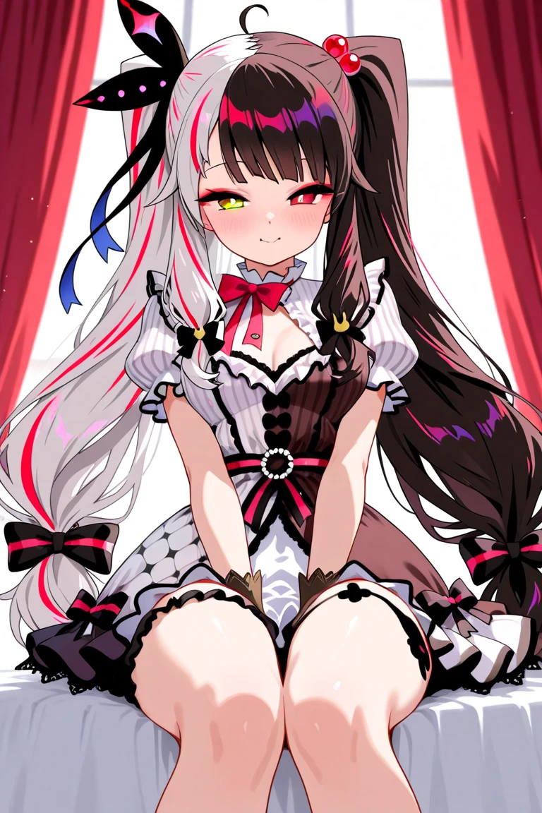 score_9, score_8_up, score_7_up, BREAK source_anime, rating_explicit, best quality, masterpiece, uncensored,1girl,((sweat)),blush,(steam),rena, twintails, very long hair, white gloves, puffy short sleeves, cleavage cutout, two-tone dress, asymmetrical legwear, mismatched legwear, thighhighs, black footwear,null_(nyanpyoun)