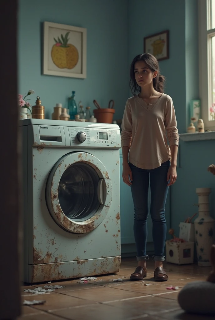 A woman putting socks in the washing machine while wearing a dirty pair of socks 