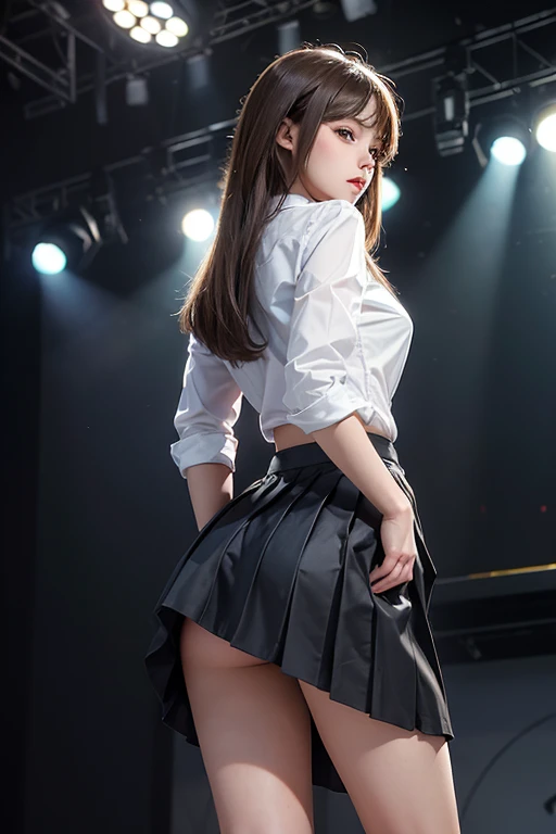 top-quality, 8K picture quality, masterpiece, A hyper-realistic, (Two women kiss), Perfect body and firm big breasts, Bright whitening skin, Tight white blouse with crimson ribbon tie, Micro mini pleated tartan check skirt, (the skirt is incredibly short), (You can see her beautiful butt even from behind as she stands like a model.:1.2), From the knee up, strong lights, thin-waist