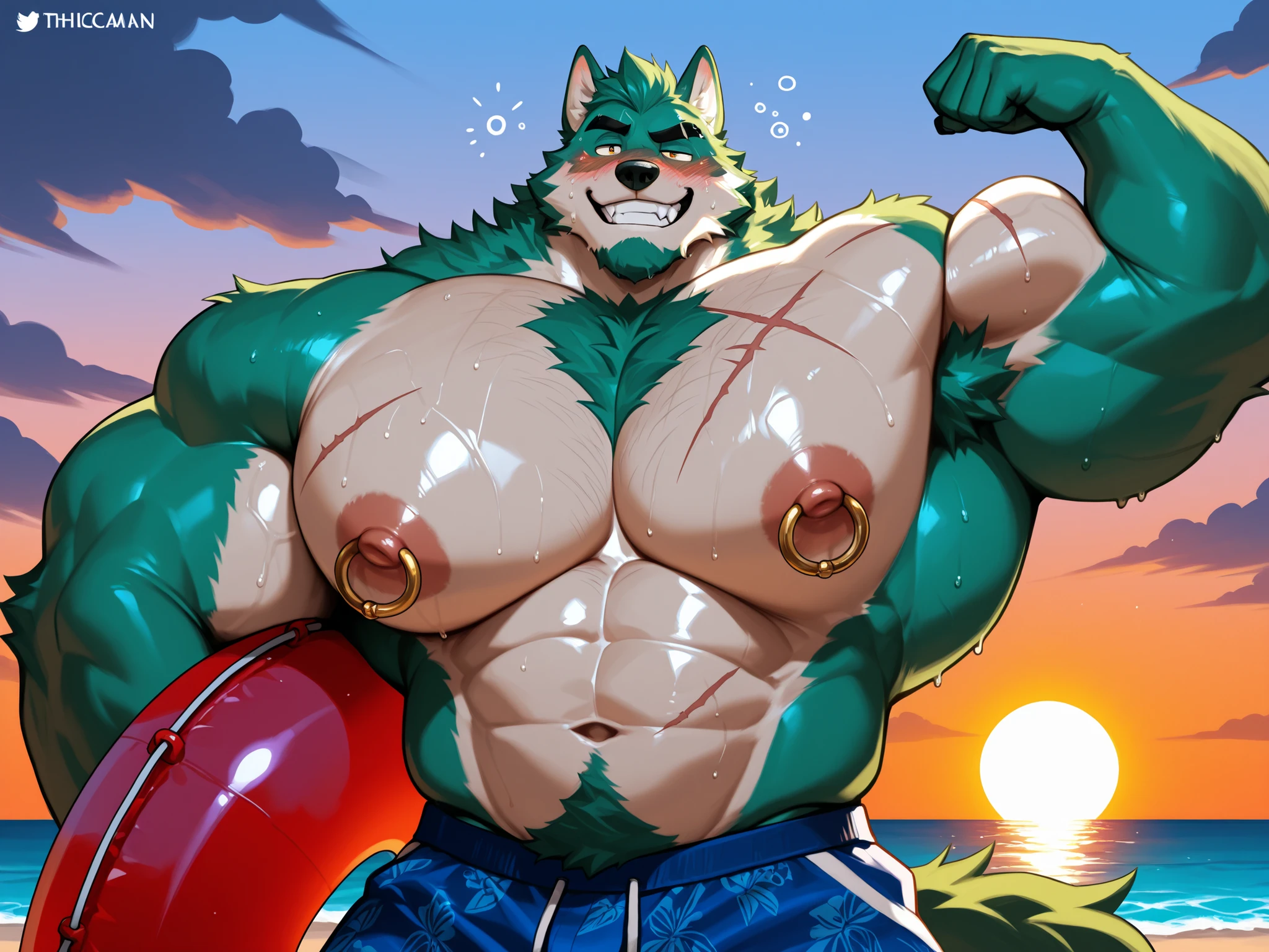 score_9, score_8_up, score_7_up, (half body, grinning, seductive smile, teeth, flexing muscles, green fur, holding a buoy), extremely wide chest, massive pectorals, beach shorts, underwear, bright skin, glistening skin, musky armpits, musk from armpits, front view, muscular wolf, anthro, one eyebrow raised, chiseled abs, intimate atmosphere, drunk expression, intoxicated, blushing, scarred body, scars, big bacchanalian body, huge muscles, formidable physique, ripped physique ,thicc, sweating, perspiration, indicate fur pattern, solo,1boy, huge nipple rings, sunset, high resolution, 8k, anatomically correct, hyperrealistic, hyperdetailed
