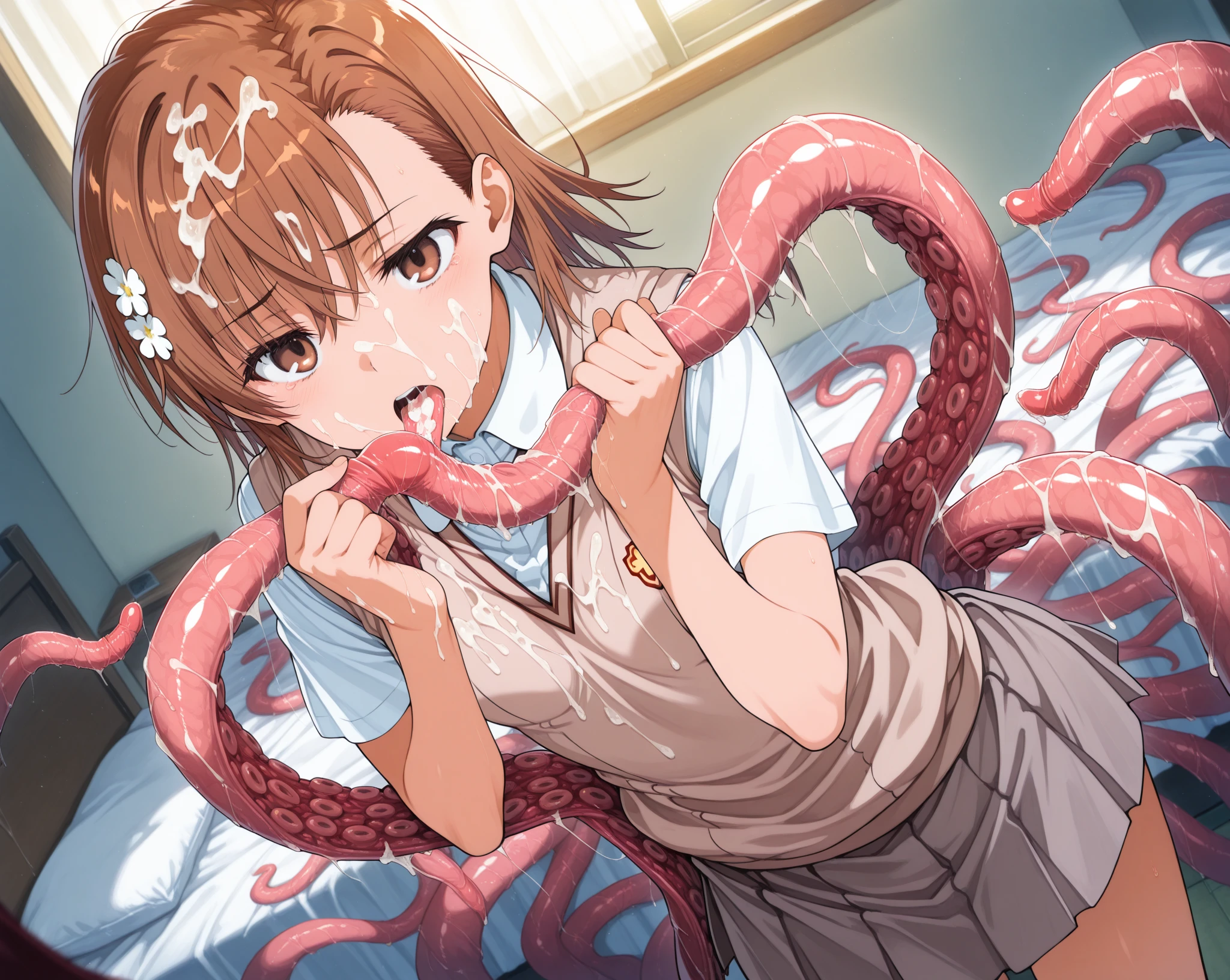 (table top, highest quality, High resolution, , perfect pixel, 4k,), 1 girl, single, alone, Beautiful woman、I could see the whole body、 ((wavy mid hair, bangs, brown hair)), ((brown eyes, beautiful eyelashes, realistic eyes)), ((detailed face, blush:1.2)), ((smooth texture:0.75, realistic texture:0.65, realistic:1.1, Anime CG style)), medium breasts, dynamic angle, perfect body, 、white shirt with collar、Shirts without buttons、Dark blue flared skirt、open both legs wide、evening、Lift up your skirt and show your panties、Tentacles flip up skirts、(((tentacles sex, tentacles vaginal sex))) ,(((tentacles penetrating vagina))), tentacles excessive cum