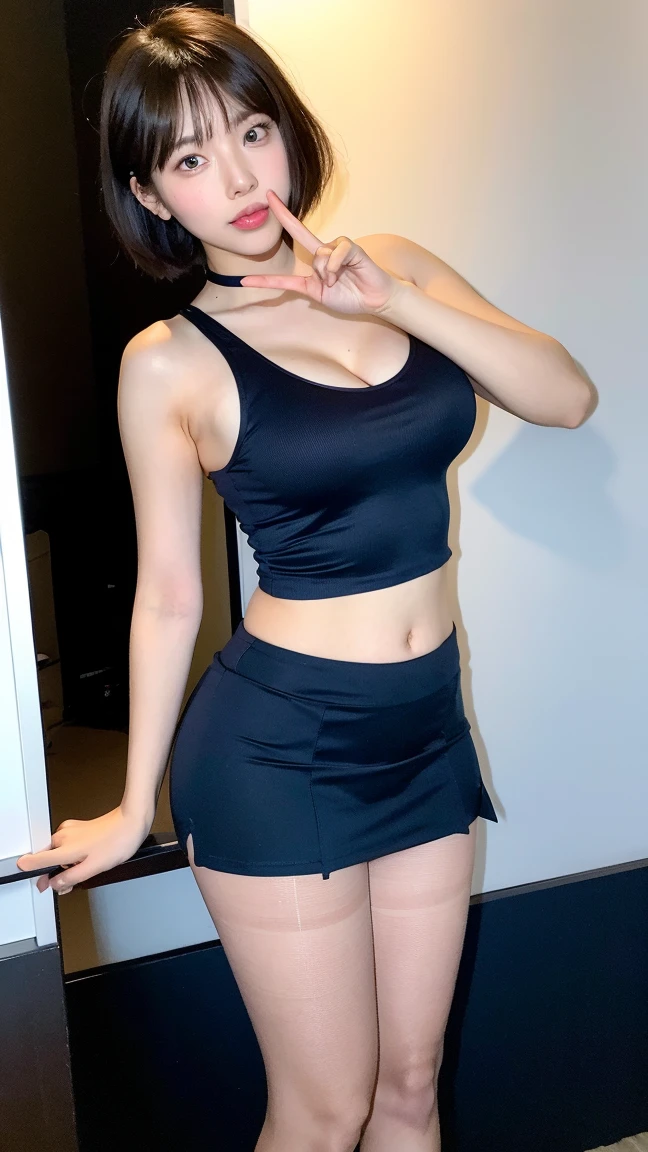 ((Best quality, 8k, Masterpiece :1.3)), Sharp focus, upper body:1.2, A pretty woman with perfect figure :1.4, Slender abs :1.1, ((black hair, Big breasts :1.2)), (sleeveless shirt, shorts skirt, sneakers, standing:1.2), ((bridge:1.3)), Highly detailed face and skin texture, Detailed eyes, Double eyelid, smile,