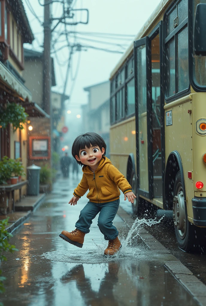 A boy running with an umbrella after the rain。