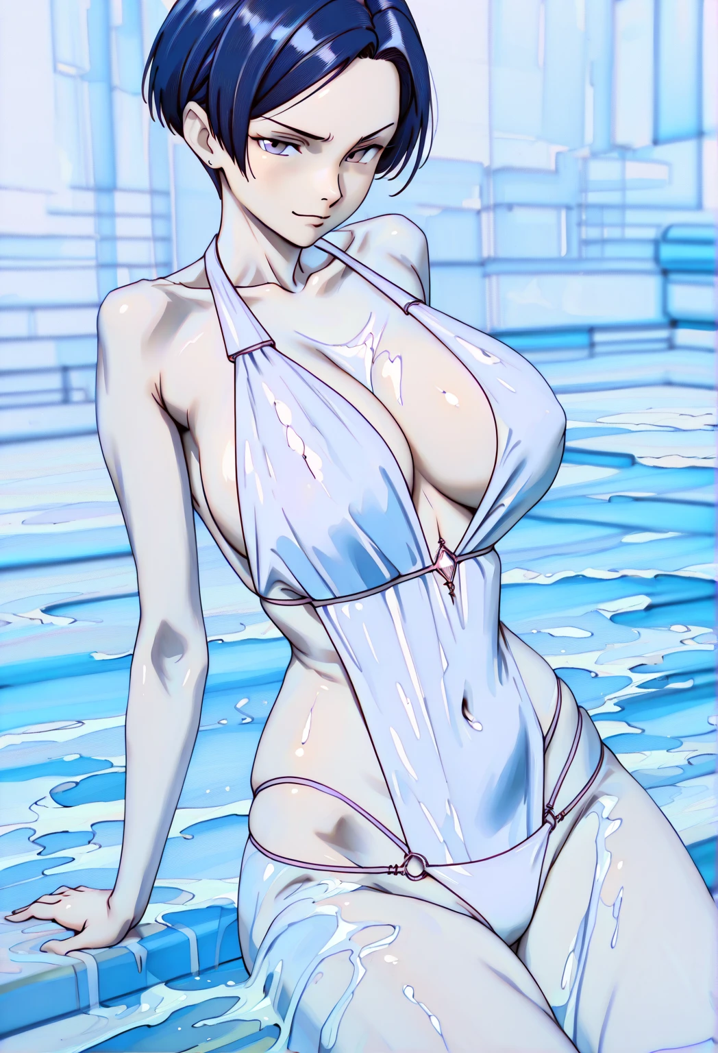 ((masterpiece, best quality)),((highres:1.2)), 1 Girl, solo, Blurred Background, (Straight Hair:1.2), ((One piece swimsuit)), ((flat chest)), Thighs, pool, ((Groin)), (slanted eyes), ((Special pose:1.2)), ((leg lift)), (Pencilskirt), bangs, short hair