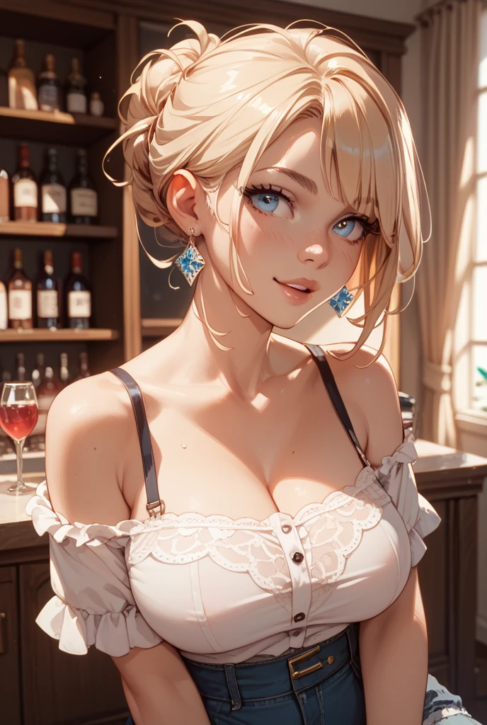 girl at a nightclub sitting at bar, eyeliner (masterpiece) (best quality) (detailed) (8k) (HDR) (wallpaper) (cinematic lighting) (sharp focus) (intricate) blonde hair, biting lip, medium hair, slutty outfit, sexy, blush, aroused, cleavage, shiny , wet skin, girl, dark makeup