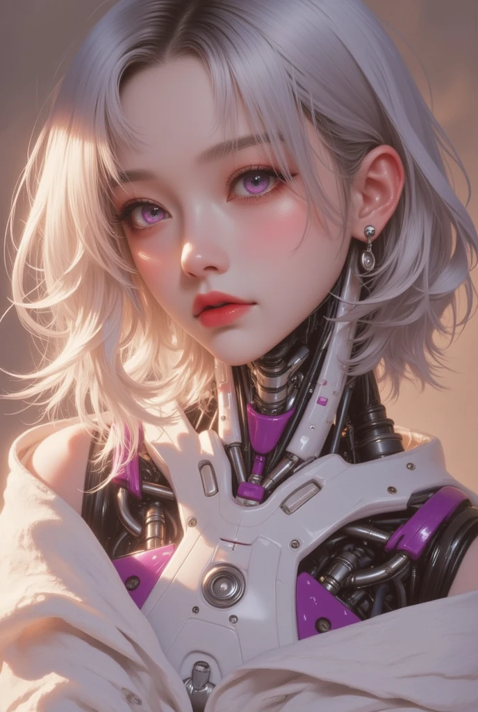 ((masterpiece)), (detailed:1.4),Realistic、 Images of cyberpunk women,Dynamic pose、A dynamic pose、High resolution(High Dynamic Range),Ray Tracing,NVIDIA,Super Resolution,PBR Textures,Post-processing,Anisotropic Filtering,Maximum depth of field resolution and crisp layer textures,Albedo and Specular Maps,Surface Shading,Accurate simulation of material interactions,Perfect balance,Rendering with Octane,2-color light,Large Diameter,Low ISO,White balance,Rule 3 points、8K raw data、Backlight、(Gray hair that changes with light、length bangs that block the view、length, Lustrous gray hair、Smooth and straight hair、WHITE hair fluttering in the wind、Beautiful Bangs)、(Beautiful, glowing skin、Cheek gloss highlight、Sexy and very beautiful and adorable face、The most beautiful face in the world、big, Sparkling blue eyes)、(Cute 25 year old girl、Ample breasts、Small waist、Delicate shoulders、Perfect figure)