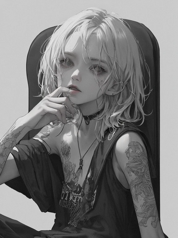 masterpiece,  best quality, newest, highres, absurdres,  <lora:HassaKu_style:1>,HassaKu_illu,realistic,solo, cigarette, 1girl, smoking, tattoo, jewelry, grey hair, shirt, short hair, necklace, piercing, upper body, black shirt, earphones, smoke, neck tattoo, ear piercing, earrings, mouth hold, bangs