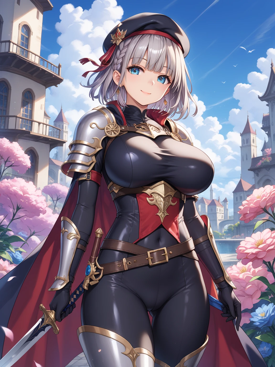 thick thighs,wide hips,huge thighs, muscular female, strong legs,toned abs, cowboy shot, standing, viking godess, (viking armor), skindentation,large breasts, happy, (curly hair:1.2), blonde hair , arm straps,choker,best quality, 1girl, solo, village, night , star sky, looking at viewer,green eyes, armored boots,   <lora:tenako-01:0.7>