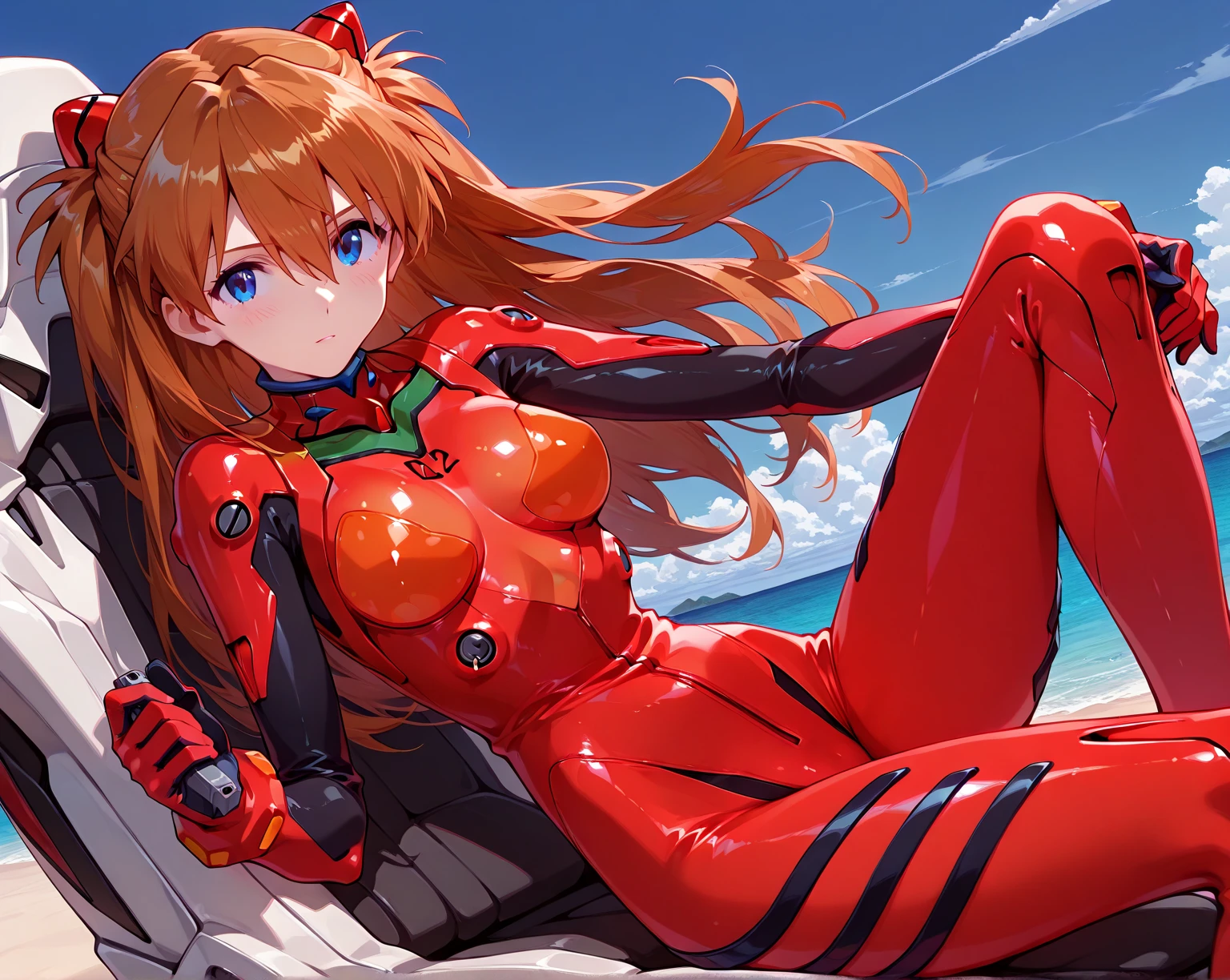 Soryu Asuka Langley, (table top, highest quality, become familiar with), 1 girl,sexy, huge breasts, alone, arm behind head, cowboy shot, interface headset, red bodysuit, simple background.