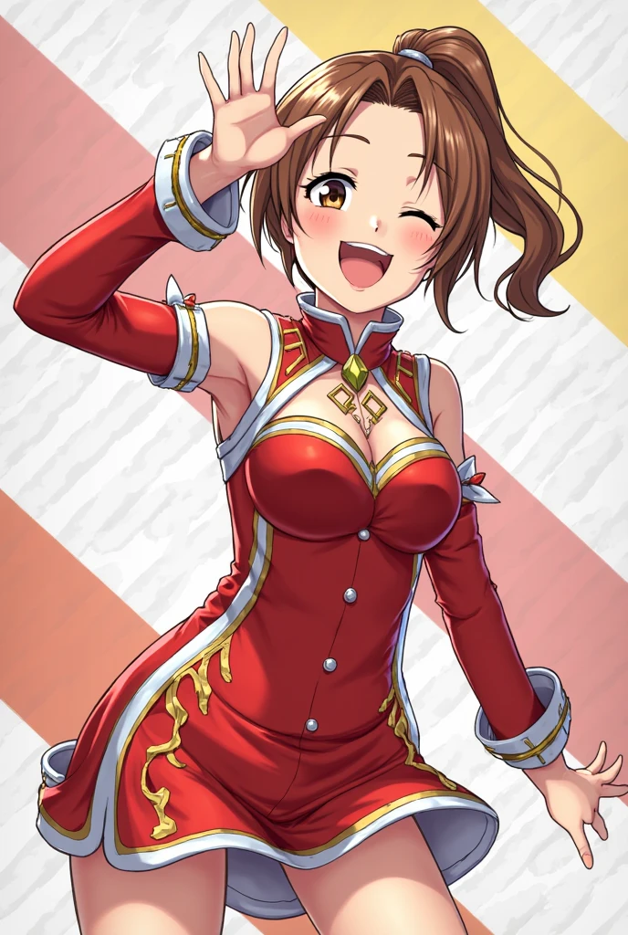 score_9, score_8_up, score_7_up,score_6_up, score_5_up, score_4_up , 1girl, solo, luka megurine, blue eyes, huge breasts, meiko, (brown eyes:1.5), brown hair, short hair,, bare arms, crop top, jacket, midriff, miniskirt, navel, red jacket, red skirt, skirt, sleeveless, sleeveless jacket, wrist cuffs, wrist cuff happy, cowboy shot, simple background