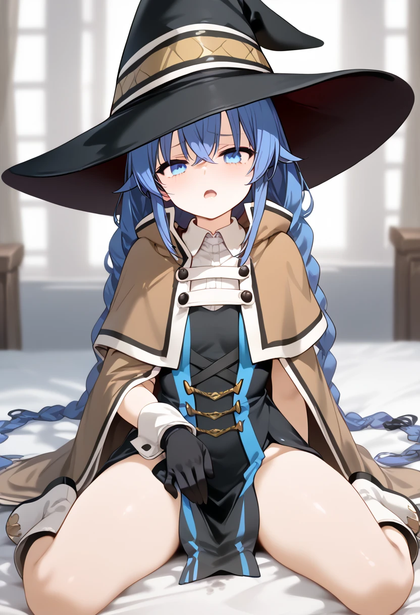 masutepiece, Best Quality, 1girl in,Witch Hat,Blue hair,Very long hair,Twin braids,Hair Ribbon,Blue eyes,brown cape,Long sleeves, Black skirt, Dress Lift, white Panties, Panties、Open your legs wide、Kneeling、Sweat sweat、Stuffy々And、R18、Erotic、