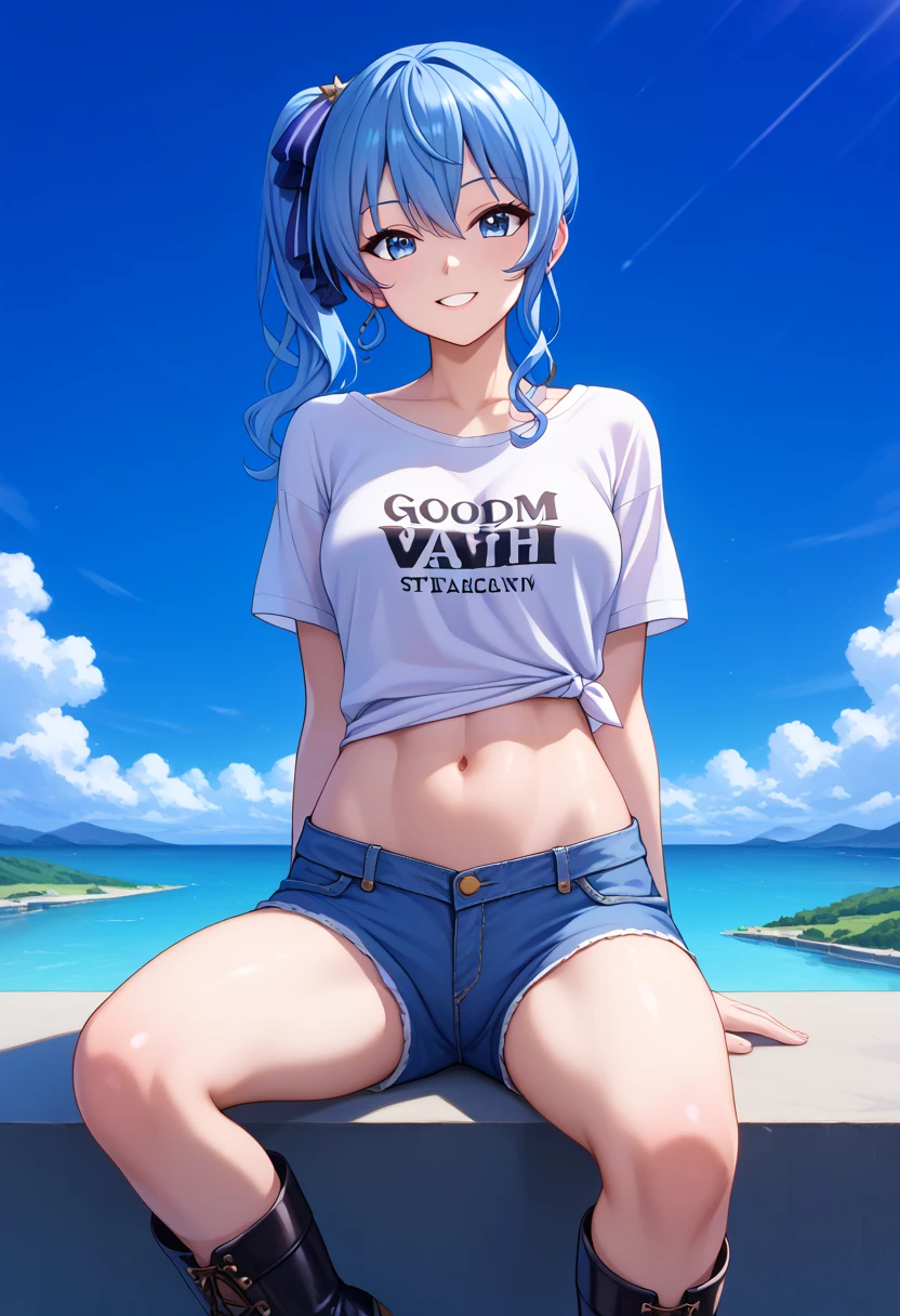 (NSFW:1.2), (8K, Raw photography, Top image quality, 巨作: 1.4), ultra high def, (Realstic, photorealestic: 1.48), 1girls, Solo Focus, type moon style, Kyoto Animation Style, Short hair, (blue hairs:1.7), Blunt bangs, Hair Between Eyes, Clear eyes, side locks, White hair, Shiny hair, beautiful detailed cold face, Seductive smile, Angry, complex details beautiful and delicate eyes, Bare_Shoulders, Small_Breasts, Gray eyes, White skin, Hair Ornament, (((T-shirt))), swim ring, swimsuit, beautiful bare back, Sandals, Skindentation, collar bone, Bare_Legs, beach, Beautiful detailed sky, White sand, tree, very precise details, absurdist, Extremely detailed, 16k wallpaper,remrezero