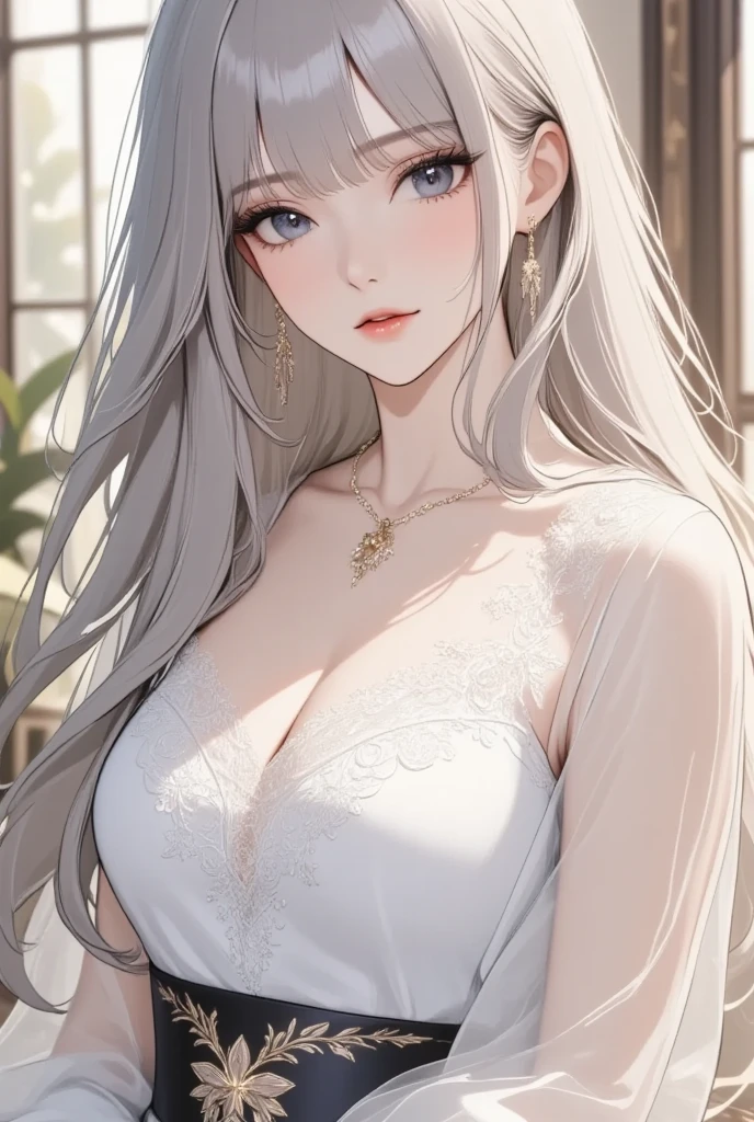 (masterpiece), (best quality), 1girl, (perfect face:1.2), (beautiful face:1.2), diona shin, standing, portrait, red lips, nsfw, standing, portrait, (masterpiece, best quality), solo, looking at viewer, upper body, standing, fw.dona.shin, mature female, sexy, hot, white hair, diona shin, white background, white hair, very soft breast , soft breast , milf, milf face, tease, detail face, cleavage , large breast, perky breasts, portrait, cowboy shot, square lips, long hair, very long hair, white hair, curly hair, earrings , smirk, chubby , milf, milf face