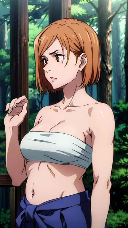 masterpiece, high quality, 8k, Beautiful lighting,sunny day, 1 female, Vibrant colors,,Nobara Kugisaki ,(anime official art),((Open your mouth)),((eye)), ((Perfect nipples)) , ((White shirt)),((topless)),((full open shirt)),Upper Body, (Panties with white lace pattern),((Belly details)), ((Lying on my back in the forest)), (Thin thighs),Beautiful clavicle,((Troubled eyebrows)),((Center of chest)),Slender body,((Lying on your back in the forest)),, Thin arms,,Troubled expression,White lace pattern underwear,blush,White Breath