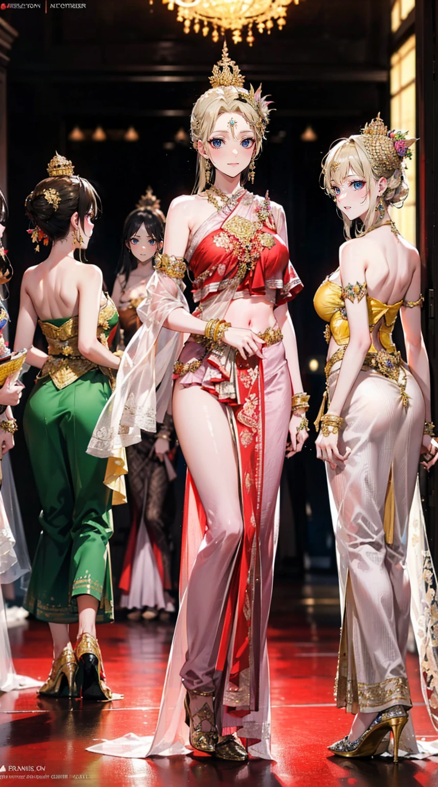 Group of 5 princesses,(5 young women,many young women), (in the bedroom), Various hair styles, harem, Wear a strapless Thai dress....,(very good,no panties) at night, detailed face,Complete breasts,fully, ((big breasts,The cracks are clear..)) long skirt, mule, Sleeveless , Show your armpits, at night, starry at night,(large areolae:1.4,pink,The nipples are clearly visible......),((bare breast:1.37)),((Various positions),(look at the audience.:1.5),milf, Highest quality、Highest picture quality、Masterpiece,, ,(((Umbilical drive,dance,dance,Thai dance))), (Separate outfit showing nipples:1.4),shy,blushing