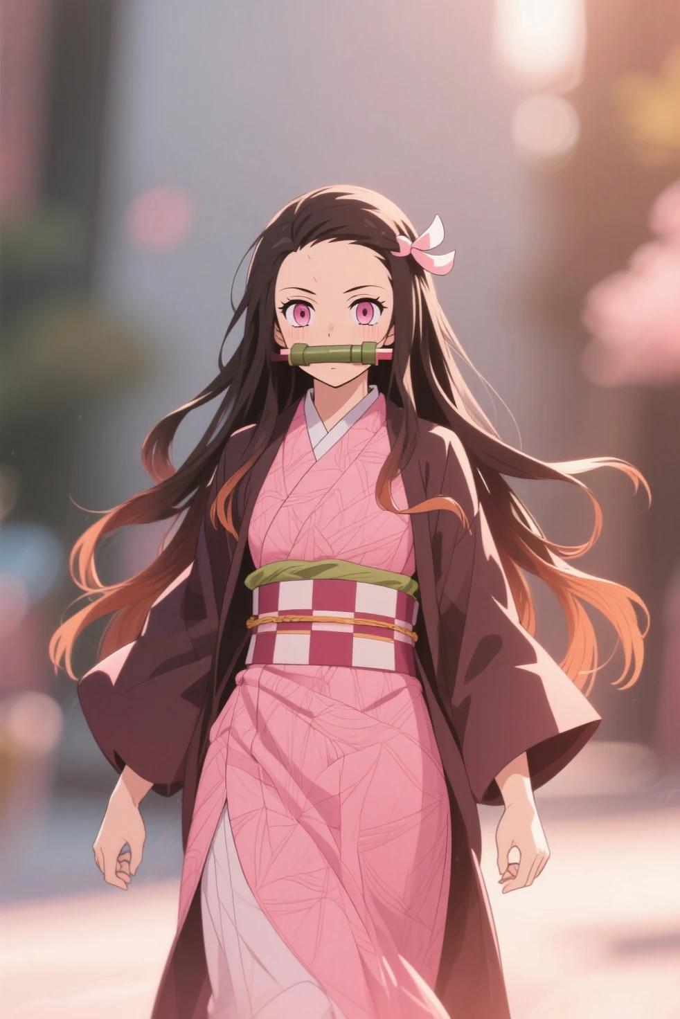 masterpiece, best quality, High resolution, Venus 1,1 girl, alone, Tsuko Kamoto, bamboo, brown hair, (((pink ribbon)) plaid belt, gag, gag, gradient hair, Haori, japanese clothes, kimono, long hair, looking at the audience, pink eyes, pink kimono, pink ribbon, alone,