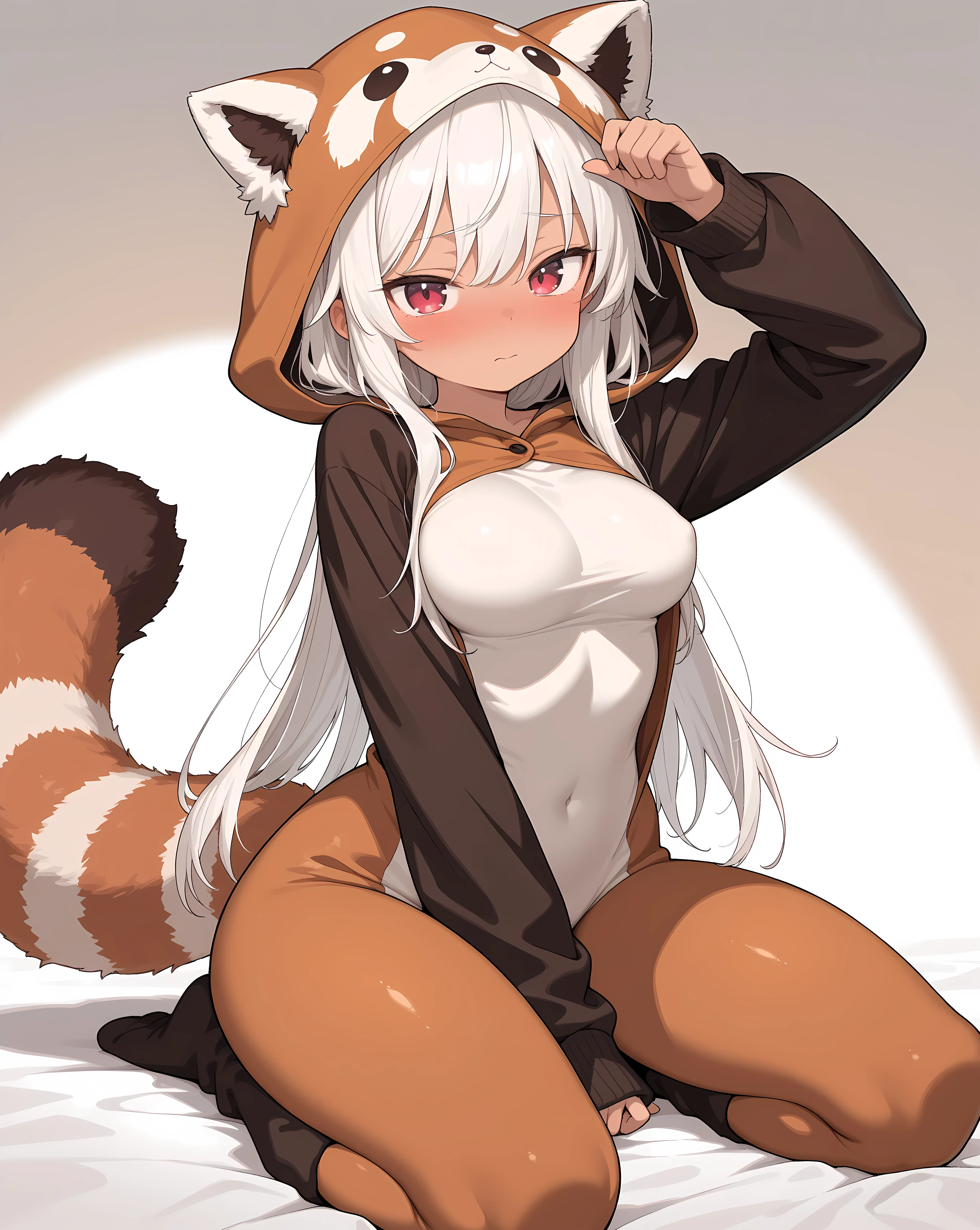 full body character design of a girl with dark skin, orange eyes, yellow hair, fox tail, fox ears, large breast, abs, and wearing a shinobi outfit with exposed stomach.