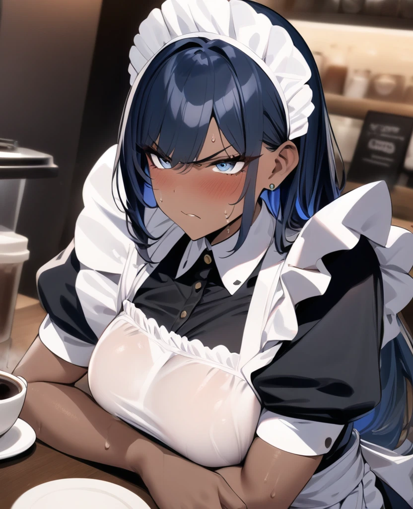 (masterpiece, best quality:1.2), 1girl, solo,dark skin,sweating skin,open pose,maid,coffee shop