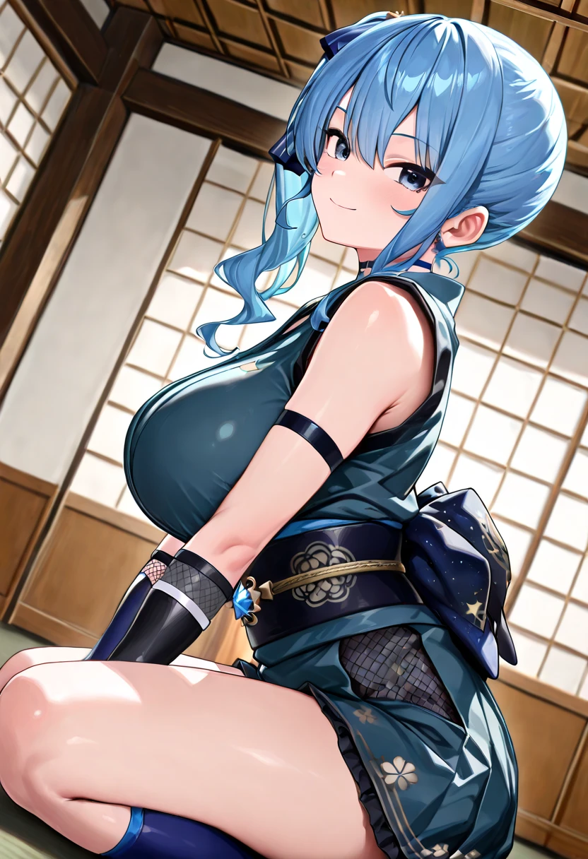 masterpiece, best quality,
yozakura (senran kagura), 1girl, breasts, solo,
short hair, blue hair, flower, blue eyes, large breasts, hair ornament,
japanese clothes, hair flower, navel, midriff, bare legs, cleavage, emblem, smile,
pov, white background,