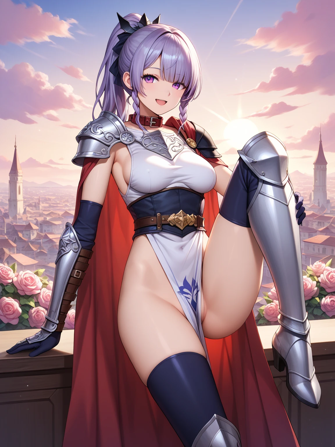 (masterpiece, best quality, ultra-detailed, high resolution, detailed eyes), takeda hiromitsu style, {{1woman}}, (30 years old), knight, armor, bikini