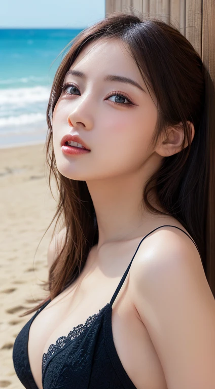 ((best quality, 8K, masterpiece, very detailed, ultra high resolution, realistic, raw photo, absurd, absolute resolution:1.5)), pretty model, 1 woman, shy smile:1.8, long straight hair, big bust, ((Strapless leotard in random colors)), (kneeling on the beach), very detailed 얼굴, very detailed 입술, detailed eyes, double eyelid