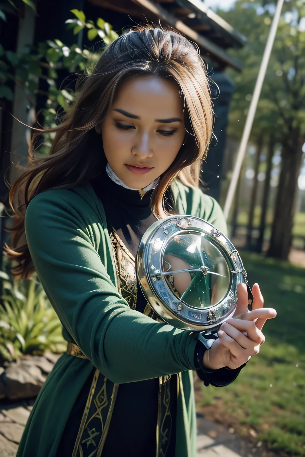 A powerful spell to create a magical barrier of protection, a woman using green magic to summon a magical shield perfect for a fantasy world.