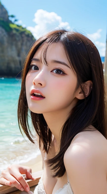 masutepiece, Best Quality, Illustration, Ultra-detailed, finely detail, hight resolution, 8K Wallpaper, Perfect dynamic composition, Beautiful detailed eyes , the beach, Sexy face,Face feeling ecstasy,Face at the peak of sexual arousal,Face when you feel caressed