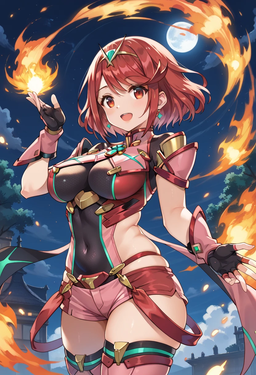 pyra \(xenoblade\), young_teen_1girl, armor, bangs, black gloves, breasts, red eyes, closed mouth, earrings, eyelashes, fingerless gloves, floating hair, framed breasts, gem, gloves, hair ornament, headpiece, jewelry, big_breasts, leaning back, leotard, neon trim, official art, pose, red hair, red shorts, saitou masatsugu, short hair, short shorts, short sleeves, shorts, sidelocks, skin tight, solo, standing, swept bangs, thighhighs, tiara, night_prairie_background, turtleneck, underbust, vambraces, xenoblade chronicles \(series\), (xenoblade chronicles 2), apart_legs, fire_effect,dynamic_pose_fighting,light_smile, (plump:1.1), big_ass,huge_sword, hold_large_sword_hilt, solo, covered_nipples, covered_pussy,open_mouth,back_view,
