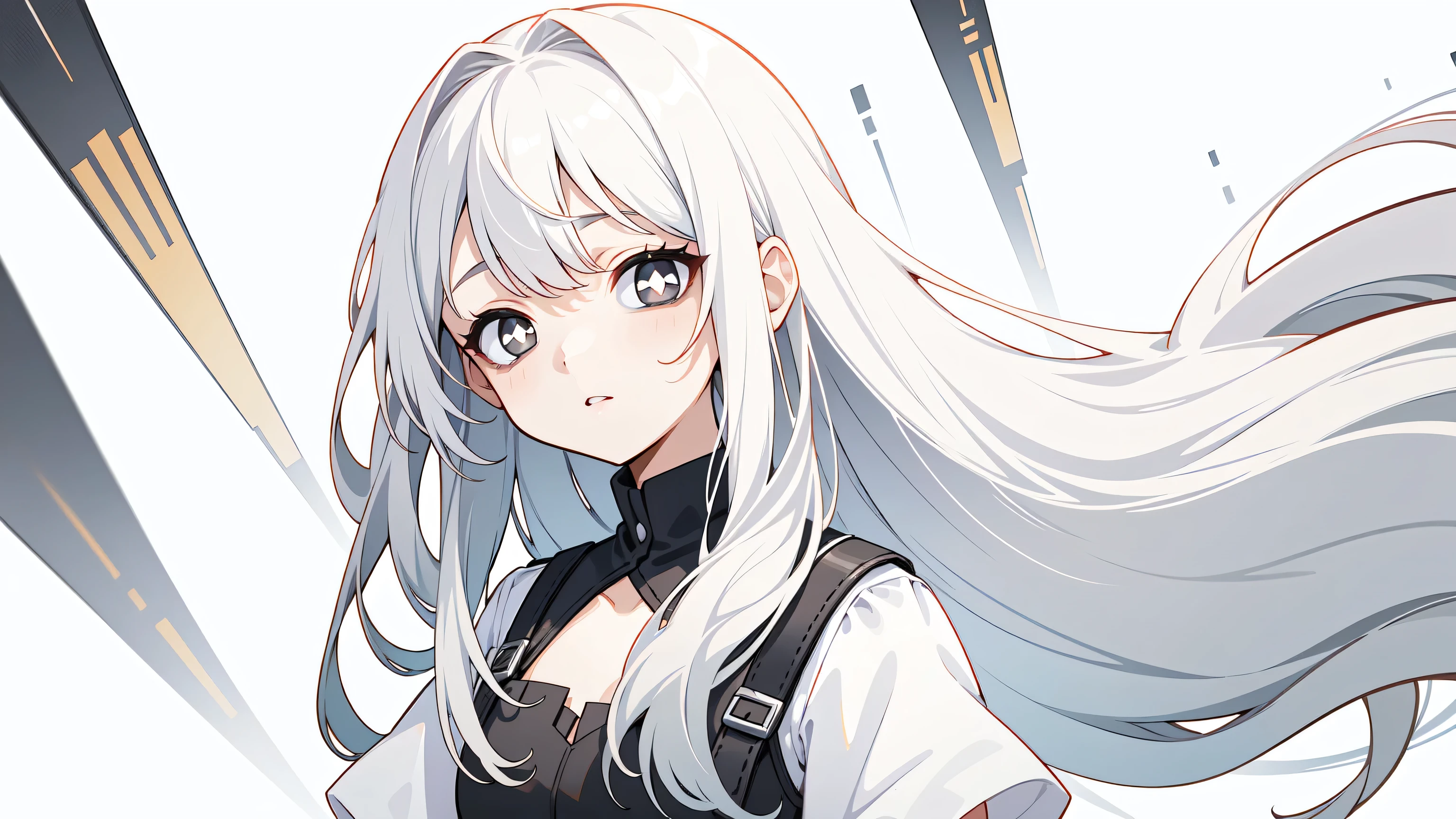 ( masterpiece, best quality, super high quality:1.1), ((portrait)), 1 Girl, alone, Young,Has long hair , Pure white hair, Straight Hair, straight bangs, ((light gray eyes, White eyes)), ((White eyes)), ((Eye bags)), small , flat chest, neutral, Expressive ability, sad, black and white dress , upper body, standing, Hands on the back, isometric lightning , white background, simple background