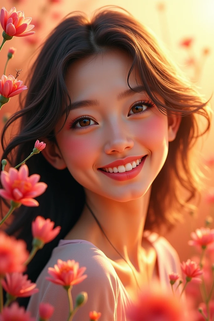 A slightly blurry image with free smiling open hair 20 years gilr look into the flower