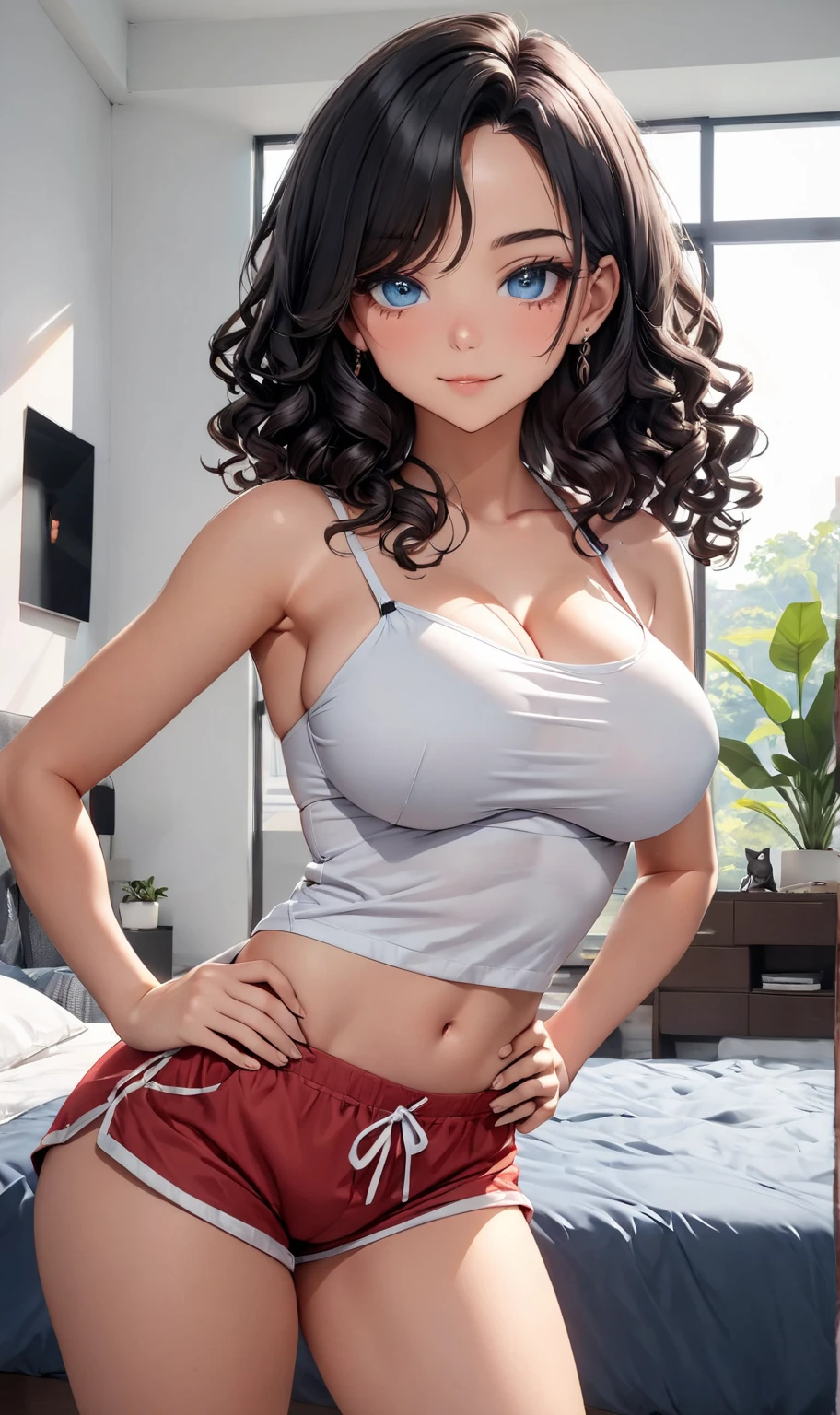 Big breasts, 1 (Cute Girl), ((messy, long, wavy black hair, hair over one eye)))), green eyes, double eyelids, light effect on the eyes, wide hips, red black top, choker lace, black skinny short shorts, mischievous smile, ((sexy body)), solo, best quality, masterpiece, portrait, flirting with viewer, sensual pose, detailed, perfect anatomy, detailed art, high definition, 4k, high resolution, inside the country house