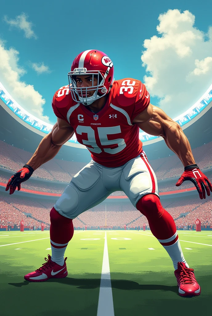 man in red uniform, white ethnicity, latin man, medium height, light brown hair, 30s, fit, NO HELMET, American football super bowl concept, male football players, full body speed, emotion, digital painting, space for type, god rays, cinematic lighting, motion blur, anaglyph, vignetting, UHD, high details, HD, high quality, anatomically correct, award winning, best quality --auto --s2
