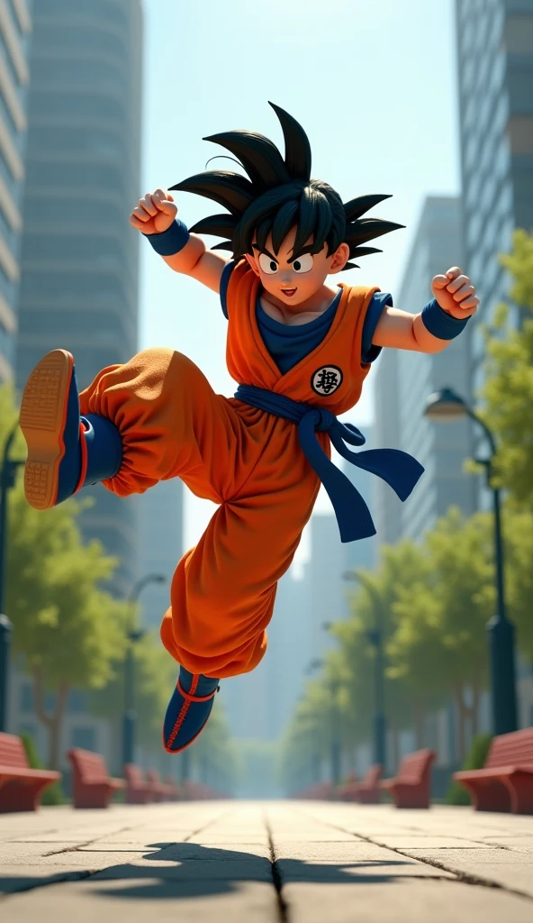 1 3D cute baby goku looks realistic, wearing Dragon Ball karate costume with hip hop combination, wearing Nike shoes, 1 character, make the face very similar, make the background in the real world, 100% similar