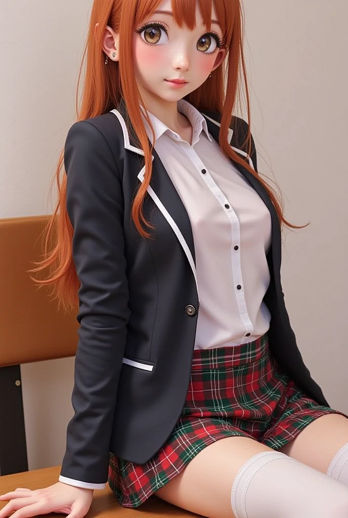 Screenshot from boku no hero academia of a teenage girl who is short with wavy red hair with black highlights,fun,has a happy expression,blazer, gray,red tie and green skirt,She is sitting leaning her head on a window,background of your living room