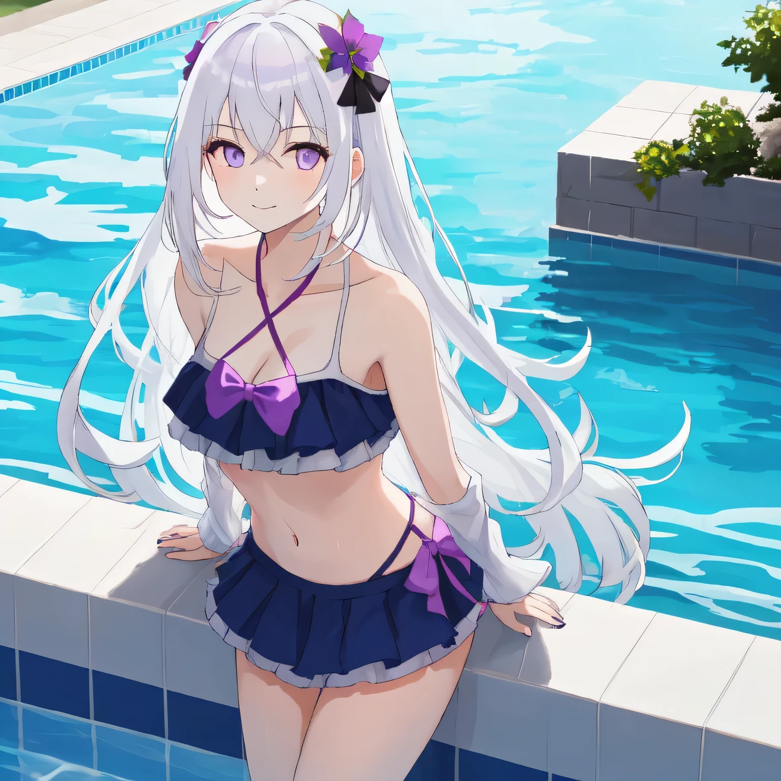 She's at the pool. A beautiful young woman , wearing a modest bikini. She is leaning slightly forward with a shy, playful expression, her arms gently placed near her chest, creating a natural sense of closeness. White hair, long hair, purple eyes.