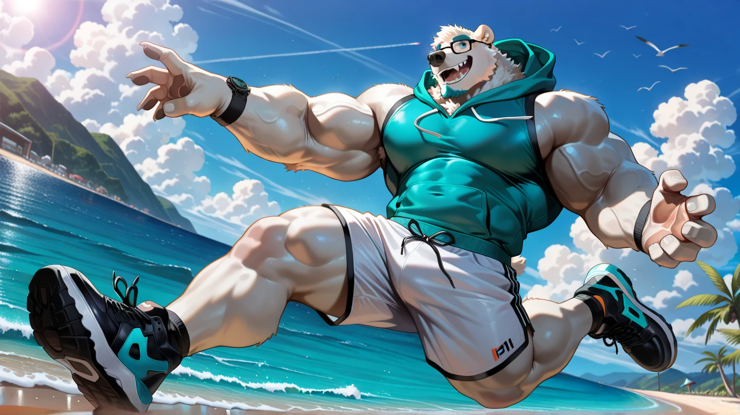 Solo, 1boy, a huge muscular furry Grizzly bear old man flexing thorax at the beach, huge shoulder muscle, shirtless, muscle, strong man, strong bear, huge muscle, short hair, bearded, white hair and beard, massive body, black swim trunks, thick brown fur, wristbands, wrinkles skinned, strong muscle, strong and brave, masterpiece, massive muscular, five fingers, correct anatomy, commission for high res, male, good art, very very beautiful art, art painting , painting art,