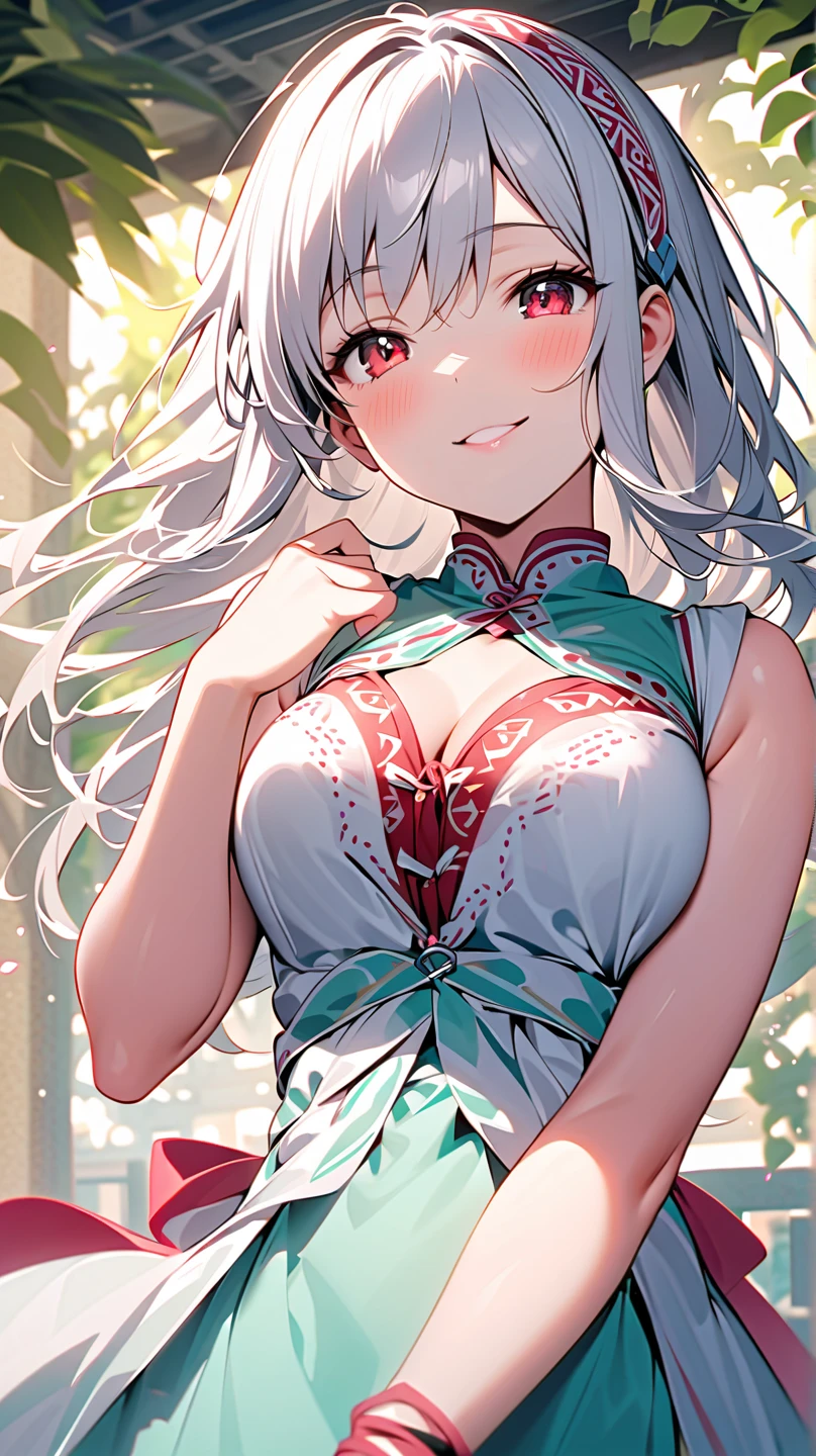 (((highly detailed, extremely detailed CG unity 8k wallpaper, illustration, highres, absurdres, beautiful detailed eyes, finely detailed breasts, highly detail hair)), ((masterpiece))
outdoors,sky,cloud,grass,
((beautiful detailed eyes)),
1girl,solo,chongqing
pov crotch,
cowboy shot,
bangs,closed mouth,medium breasts,braid,yellow eyes, white hair,double bun,breasts,
gloves, thighhighs, hair bun, elbow gloves, white thighhighs,white gloves, hair ornament, shawl,side slit, dress, braided bun, sleeveless,(floral print), pelvic curtain, skirt, red skirt, shoes, red footwear, alternate costume,braided bun, bare shoulders, braided bangs, (clothes fur trim:1.1), hair flower,
<lora:chongqing_1.0_quhuafeng:0.5>
