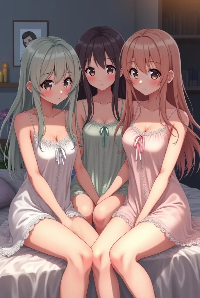 Three angel girls with long hair are lying on the bed in front of the bedroom。, multiple girls, blonde hair, Bon ,Purple Nightgown, red eyes , skirt, brown hair, shy smile, pink nightgown, green eyes, looking at the viewer, short sleeve,sex,compartment,blowjob
