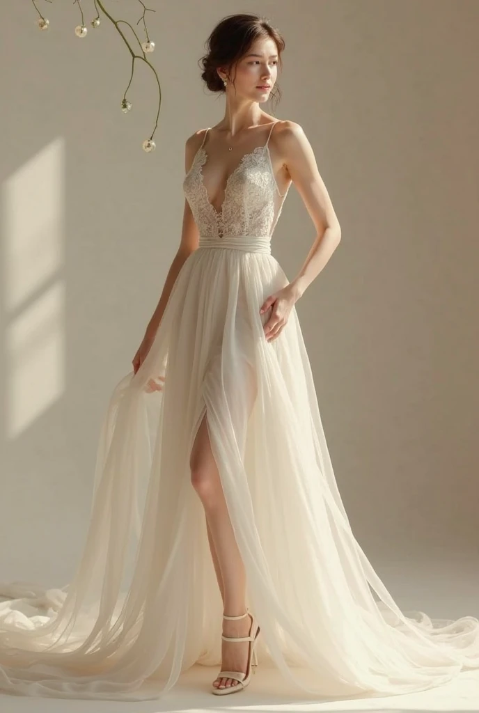 A girl, dressed in a wedding dress, white wedding dress, full body drawing, slim, long legs