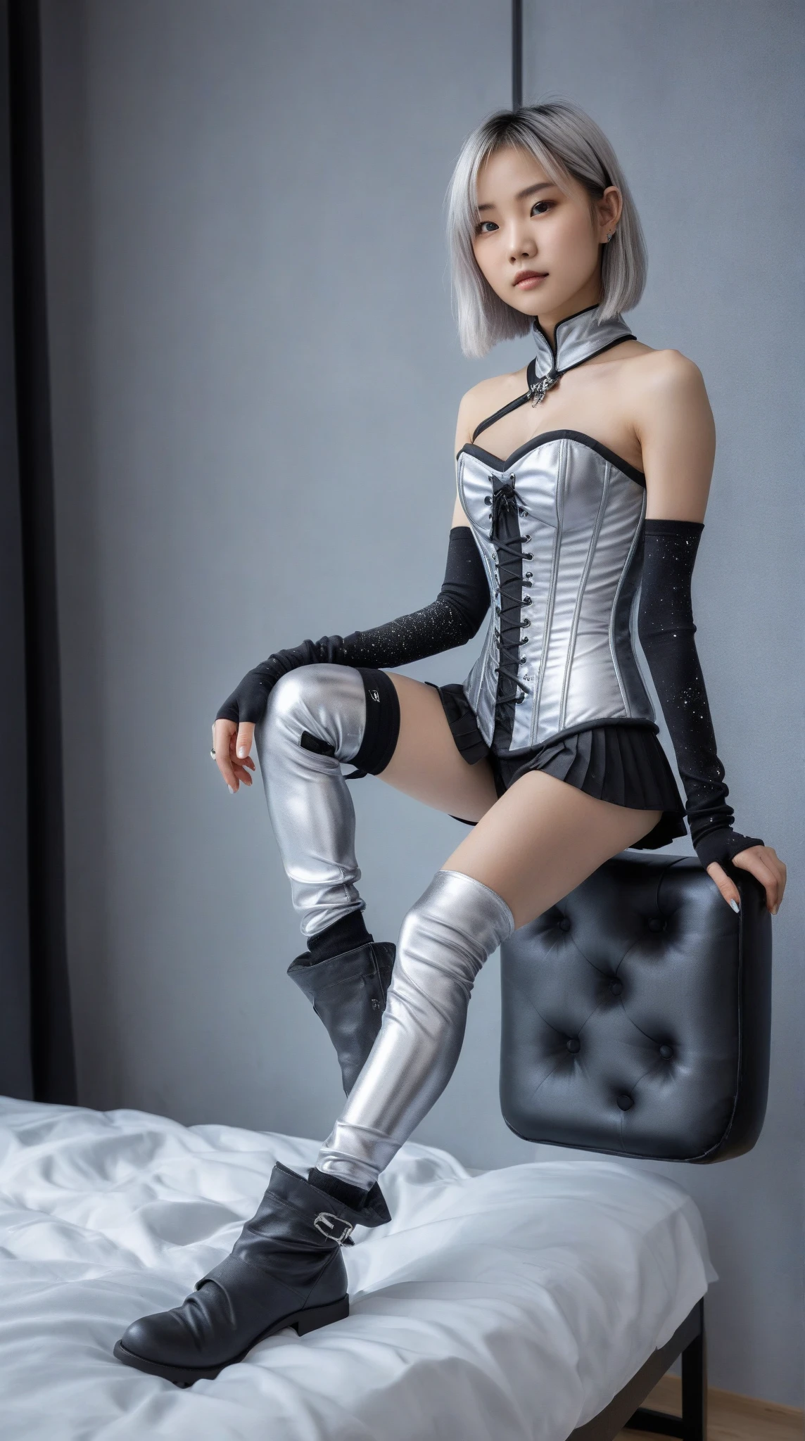 cute young dominatrix, latex straitjacket, short rainbow colorful hair, tight latex jeans, high heels, sunny cinematic lighting, 8k uhd, highly detailed, arms crossed, crossed arms, ankle cuffs, wooden floor, (celebrity:1.1)
