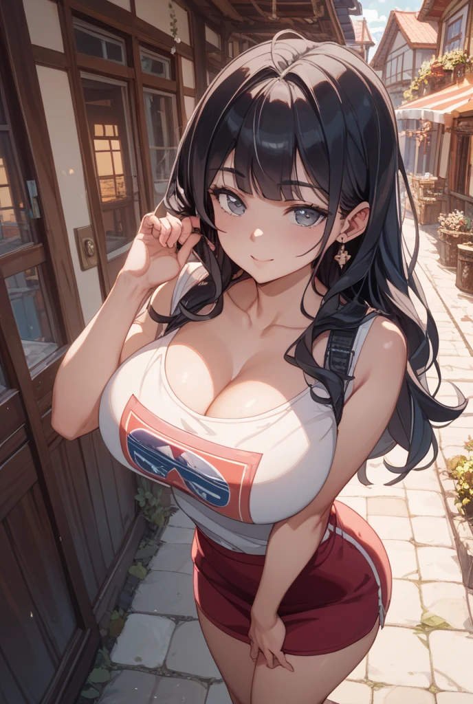 Voluptuous, curvy Mexican woman with long black hair and messy bangs, brown skin, brown eyes, full red lips. Wearing a red tank top, and a black skirt. Heavier and curvy woman. Heavy large breasts, nipple outline, curvy and large hips and butt. Blushing sadistically.