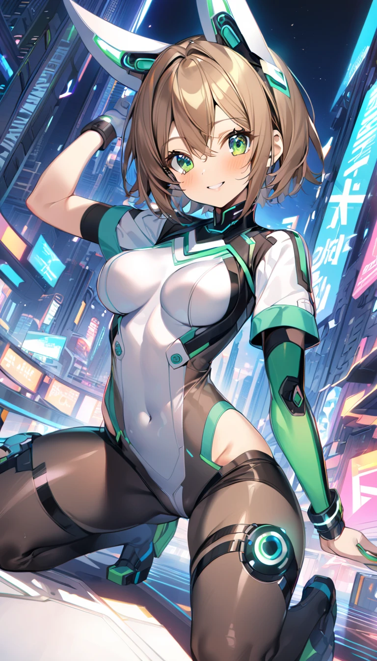 ((masterpiece, Highest quality, High resolution, 超High resolution, Pixel perfect, Written boundary depth, 4K, RTTX 10.0, High resolution))), 1 girl, single, alone, Beautiful Anime Girls, Beautiful art style, Anime characters, ((Shortcuts, bangs, Dark brown hair)), ((Green Eyes:1.4, Round eyes, Beautiful eyelashes, current eyes)), ((Smooth texture:0.75, Anime CG style)), Medium chest, ((Dynamic Angle, close)), Perfect body, (pretty girl), Beautiful girl with headphones, Sci-fi action set on Mars in the 2500s, A shiny black bodysuit, Complex patterns that emit light, smile, Background々It is a mechanical device that emits light of various colors., whole body, Dynamic Angle,