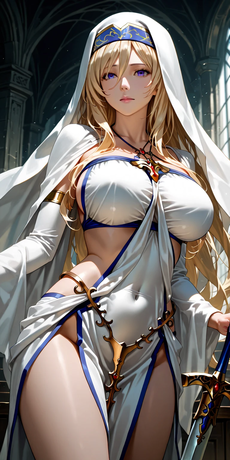 (masterpiece,top quality,high quality)), ((8K wallpaper unified with high definition CG)), (huge stunning goddess shot, jaw dropping beauty, perfect proportions, beautiful body, slim body beauty:1.1), ((beautiful blond hair and thin long robes fluttering:1.4)), huge breast and huge butt exposed between white uniform