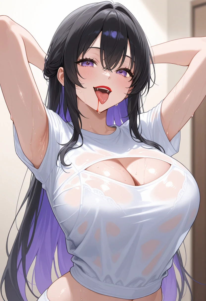 score_9, score_8_up, score_7_up, score_6_up, BREAK source_fate, scathach fate, purple hair, red eyes, 1boy, 1girl, after fellatio, blush, breasts squeezed together, completely nude, cum, cum on body, cum on face, cum in mouth, cum on hair, cum string, cumdrip, dark nipples, , excessive cum, happy, huge breasts, huge penis, lactation, naughty face, naked, one eye closed, paizuri, pov crotch, projectile cum, simple background, tongue, uncensored, veins, veiny penis